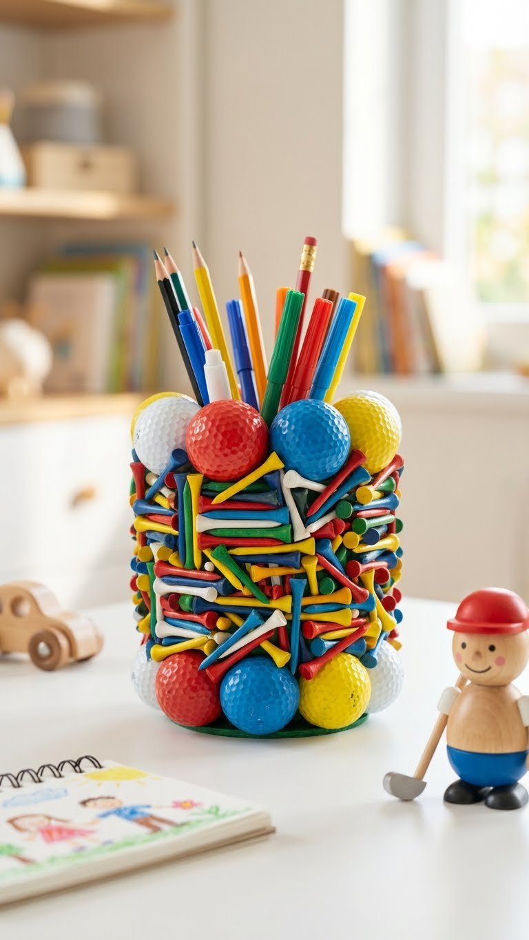 Colorful Golf Tee Pencil Holder Crafted From Repurposed Golf Balls And Tees On A White Desk With Pencils In A Blurred Child'S Study Area.