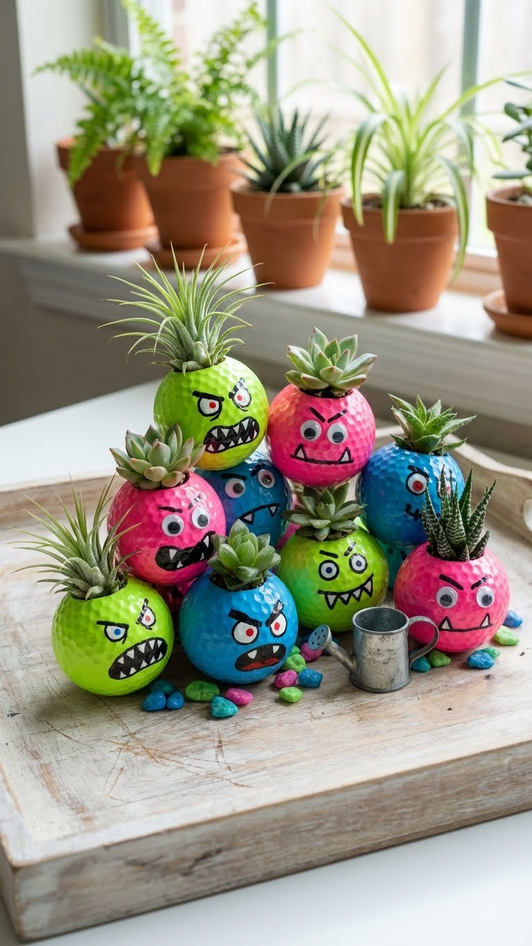 Golf Ball Halloween Crafts: 9 Unique Diy Spooky Decor Ideas Colorful Monster Golf Ball Planters With Succulents And Quirky Faces On A Distressed Wooden Tray With Pebbles.