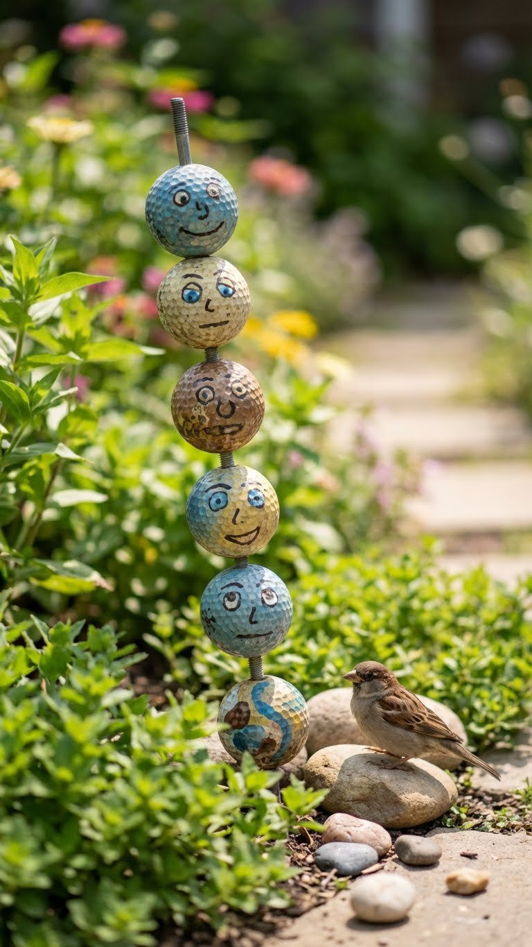 Diy Golf Ball Garden Art: 7 Easy &Amp; Unique Projects For Your Yard Colorful Stacked Golf Ball Totem Pole With Unique Patterns Stands Tall In A Vibrant Flower Bed Against Blurred Garden Foliage.