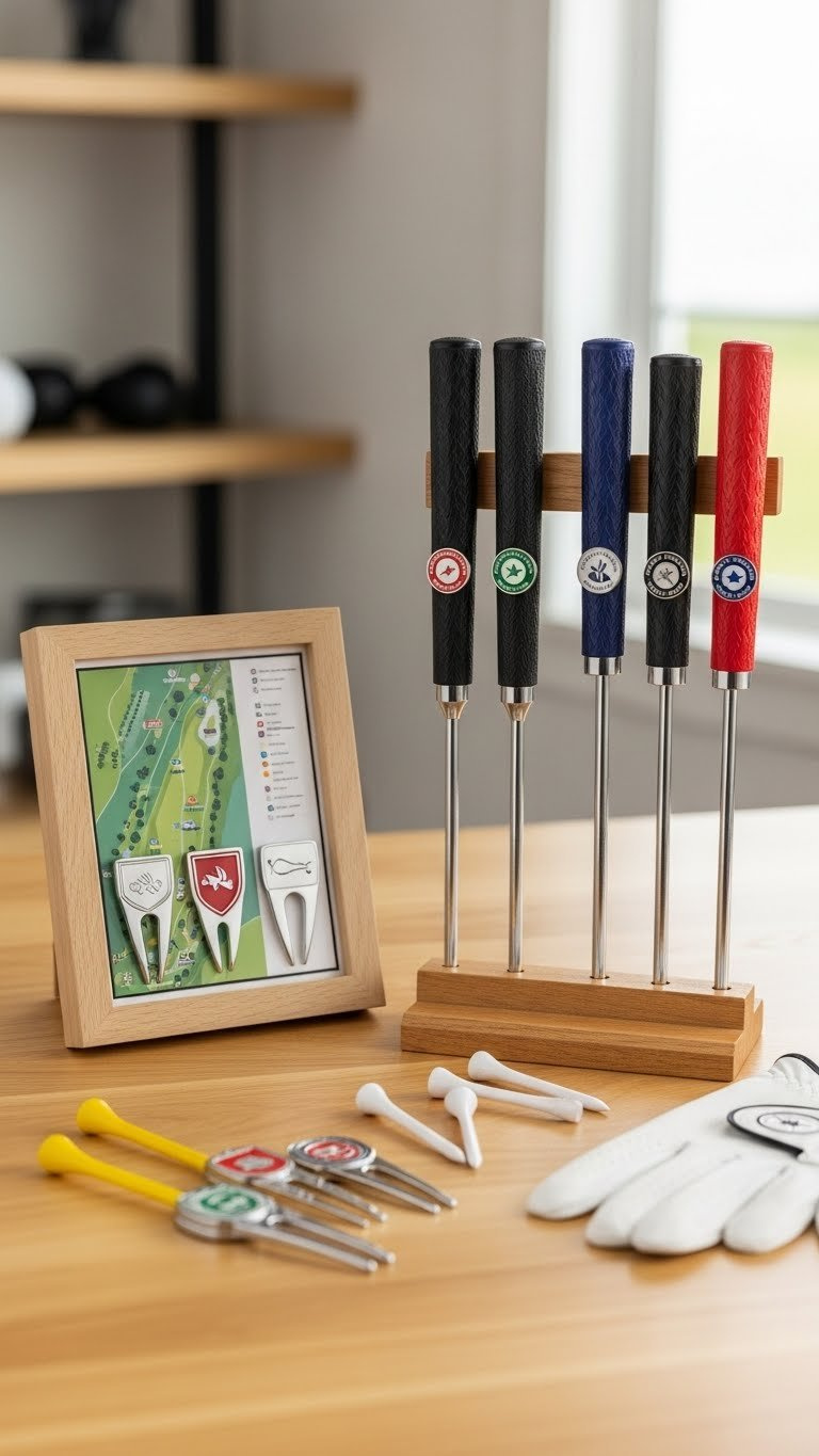 Golf Ball Marker Display: 7 Ultimate Ideas For Collectors Combined Golf Ball Marker And Divot Tool Display Case Showing Harmonious Pairing Of Markers With Matching Repair Tools On Wooden Table.