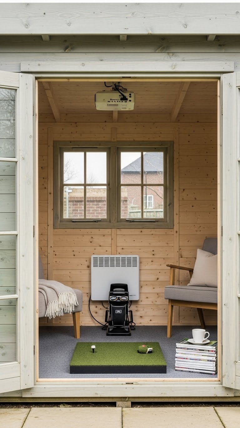 9 Essential Outdoor Golf Simulator Room Designs Comfortable All-Season Outdoor Golf Simulator Room With Insulated Walls, Double-Pane Windows, And A Cozy Golf Setup.