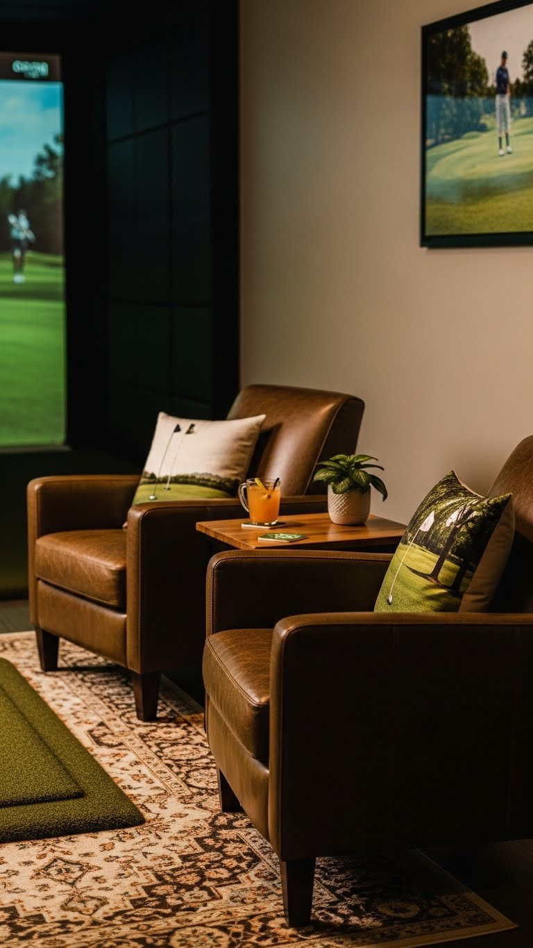 Golf Decor Ideas: 11 Ultimate Home Simulator Room Designs Comfortable Golf-Themed Seating With Two Plush Green Leather Armchairs, A Rustic Side Table, And A Golf-Themed Coaster.