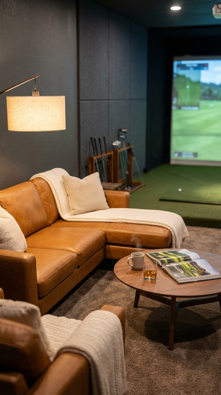Golf Simulator Room Size Complete Guide For Home Setup Comfortable Seating Area With Leather Couch Positioned Safely Behind Golf Simulator Hitting Zone With Acoustic Panels.
