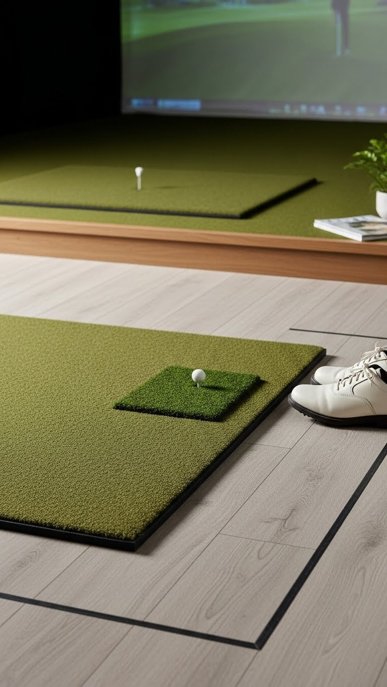 Comfortable Stance Mat Seamlessly Integrated With Specialized Flooring In Elegant Home Golf Simulator Environment