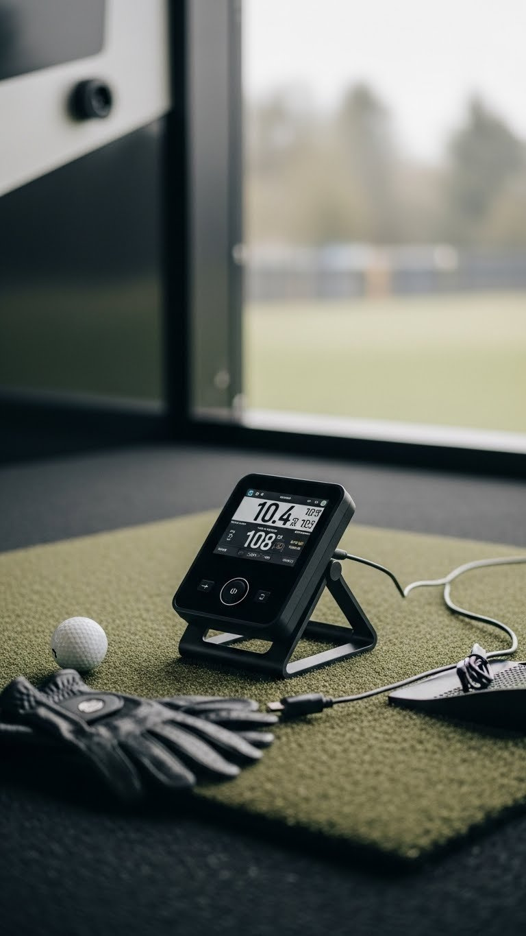 Compact Affordable Golf Launch Monitor On A Dark Grey Hitting Mat, Prepared For A Budget Home Golf Simulator, With Golf Ball And Glove.