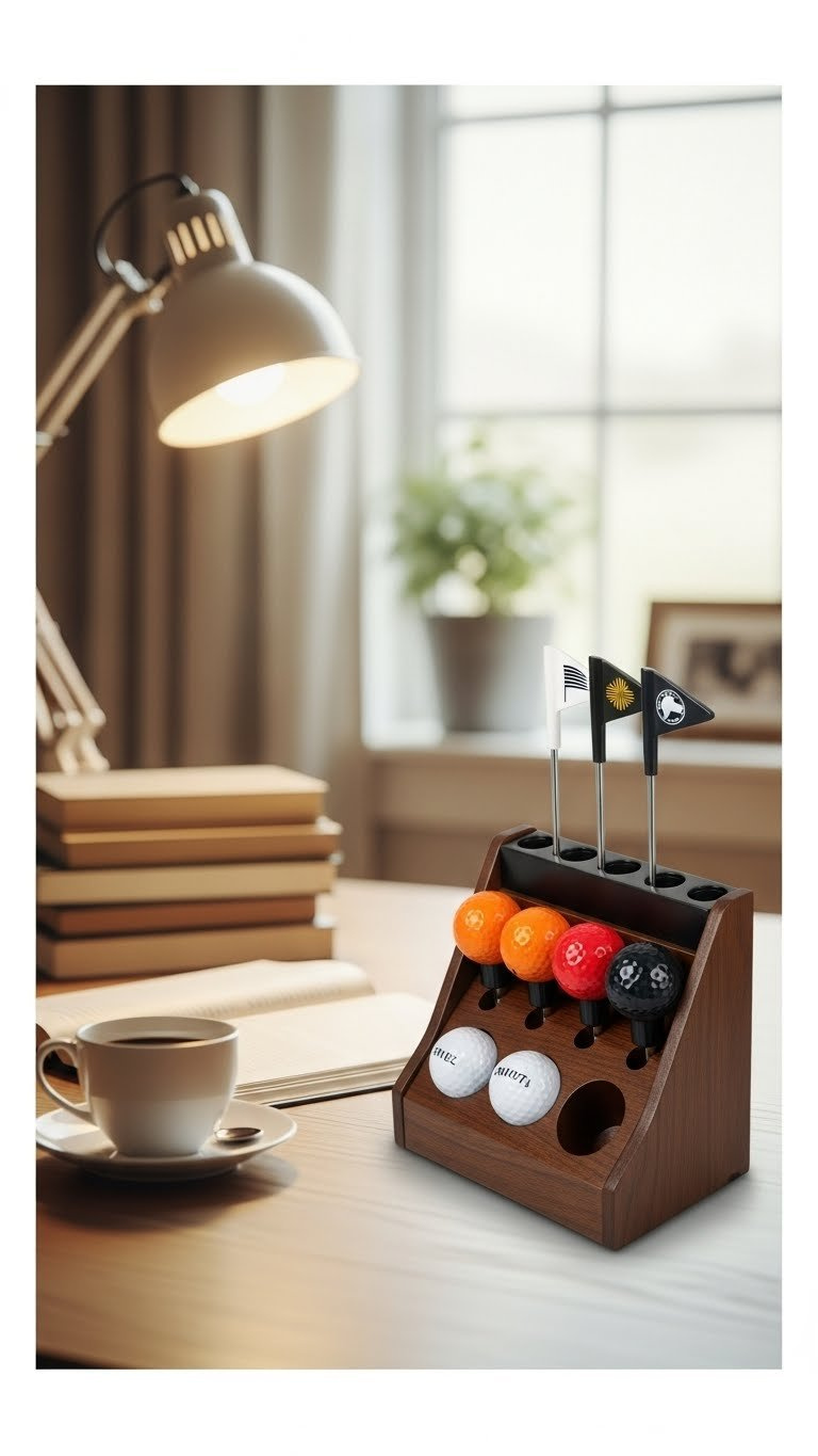 Golf Ball Marker Display: 7 Ultimate Ideas For Collectors Compact Desk Golf Ball Marker Organizer Stand Holding Accessible Collection On Light-Colored Wooden Desk With Soft Natural Lighting.