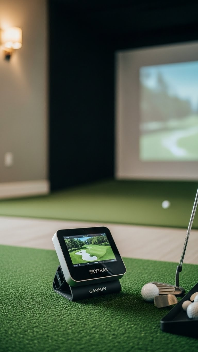 Golf Simulator Room Small Space Complete Setup Guide Compact Golf Launch Monitor On Green Hitting Mat With White Impact Screen In Background