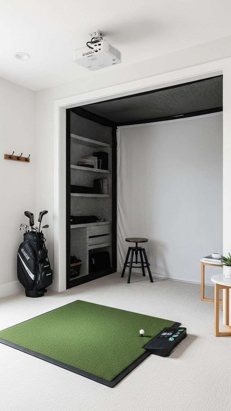 Compact Golf Simulator Nook With Retractable Hitting Net And Space-Saving Storage Solutions For Small Spaces