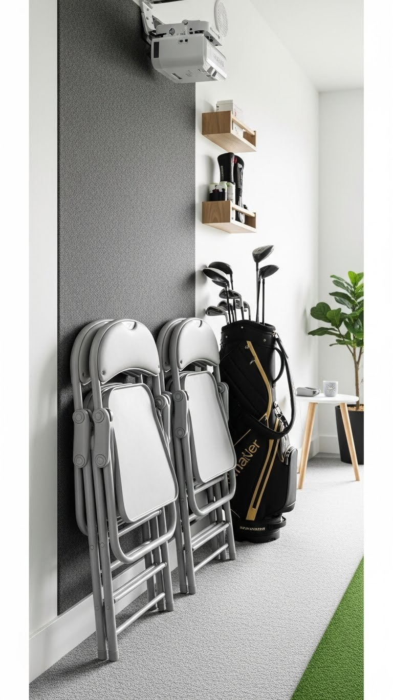 Compact Golf Simulator Room Featuring Portable Chairs Stacked Neatly Against Minimalist Wall Storage