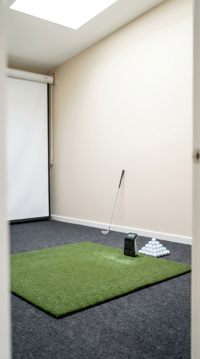 Golf Simulator Room Layout Guide For Perfect Space Planning Compact Golf Simulator Setup With Portable Launch Monitor And Space-Saving Impact Screen In Bright Small Room
