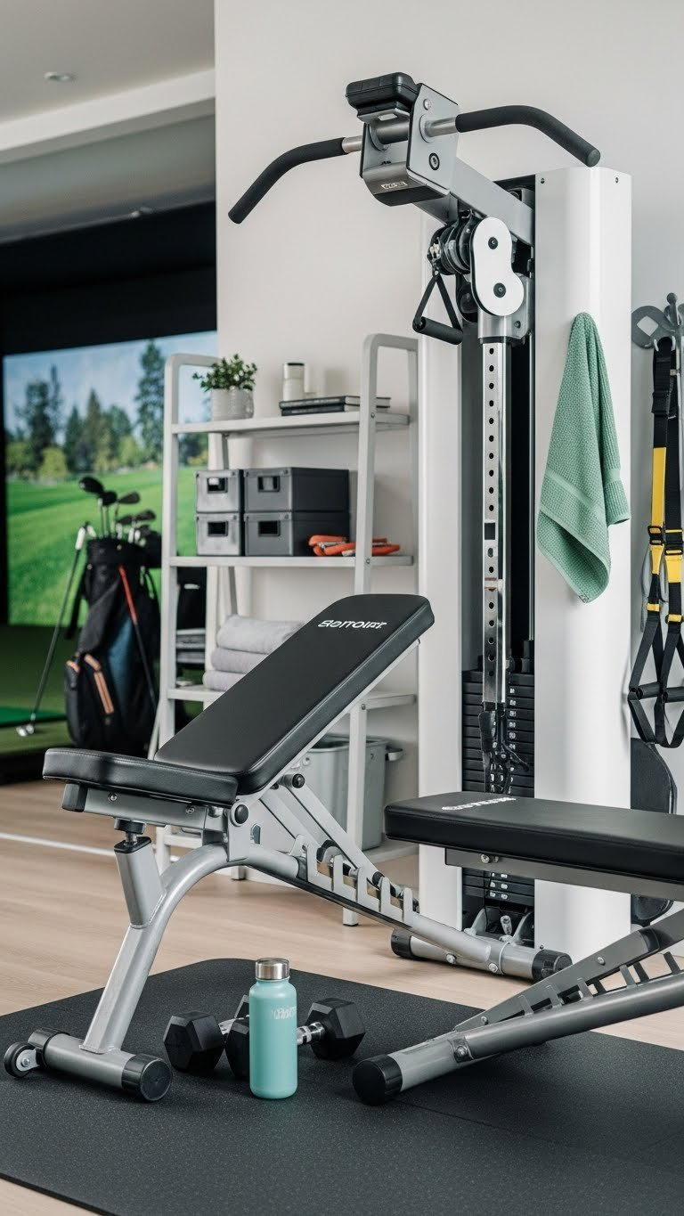 Compact Home Gym Equipment Including Functional Trainer And Adjustable Dumbbells Organized Neatly Alongside Blurred Golf Simulator In Multi-Functional Space.