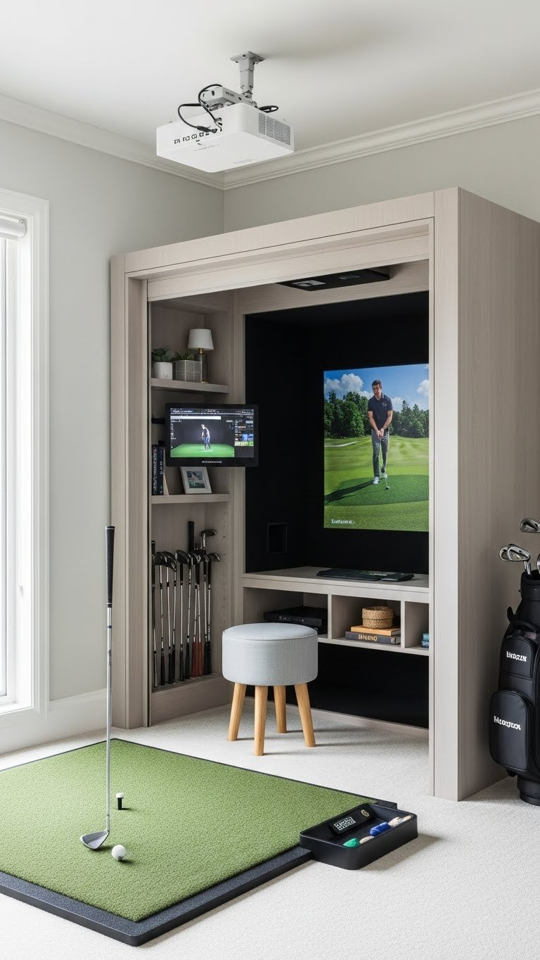 Compact Luxury Golf Simulator Nook With Space-Saving Design, Smart Storage, And Minimalist Decor In Corner Setup