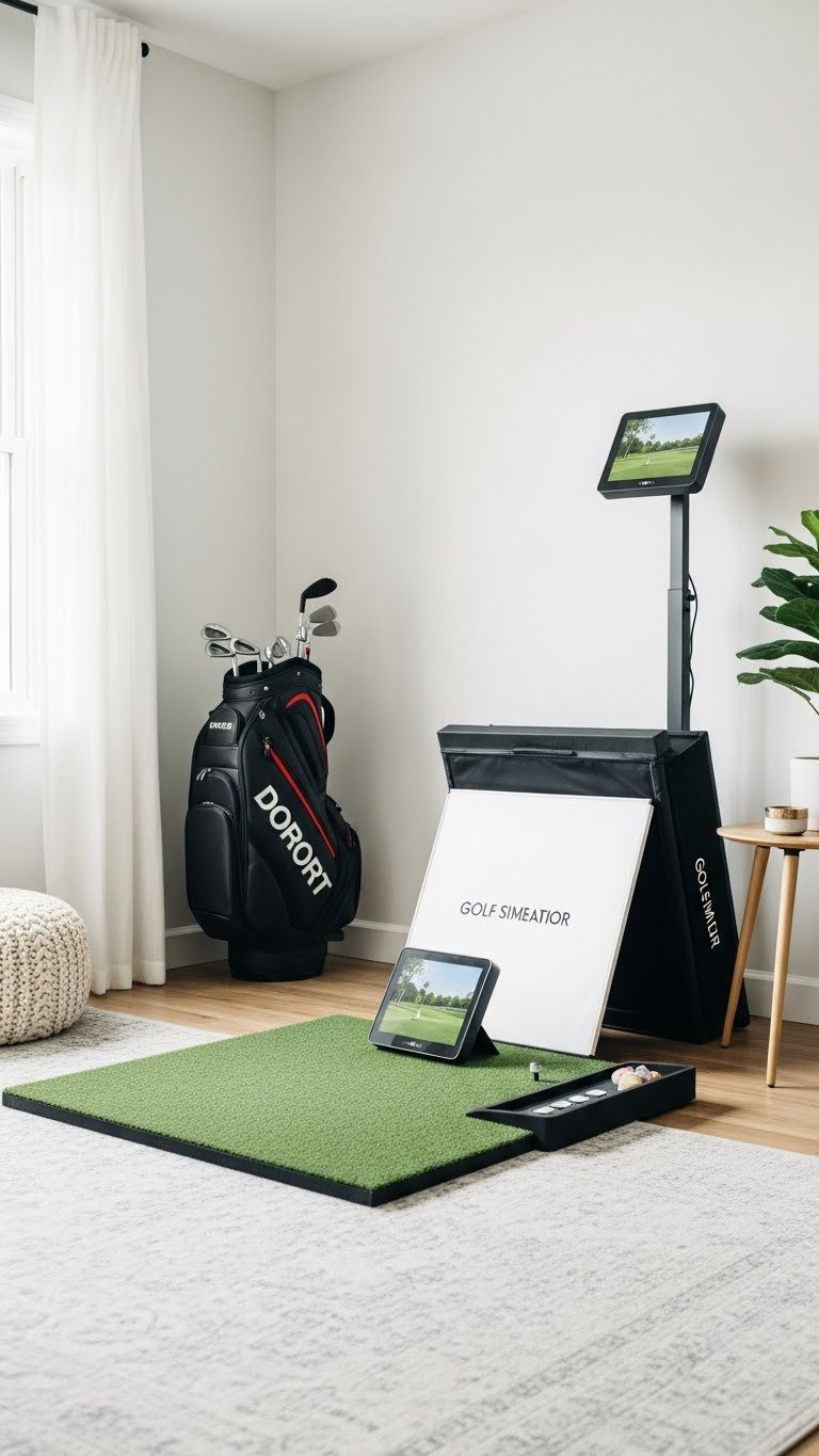 Compact Minimalist Golf Simulator Setup With Retractable Screen And Portable Launch Monitor In Small Room Corner With Neutral Tones
