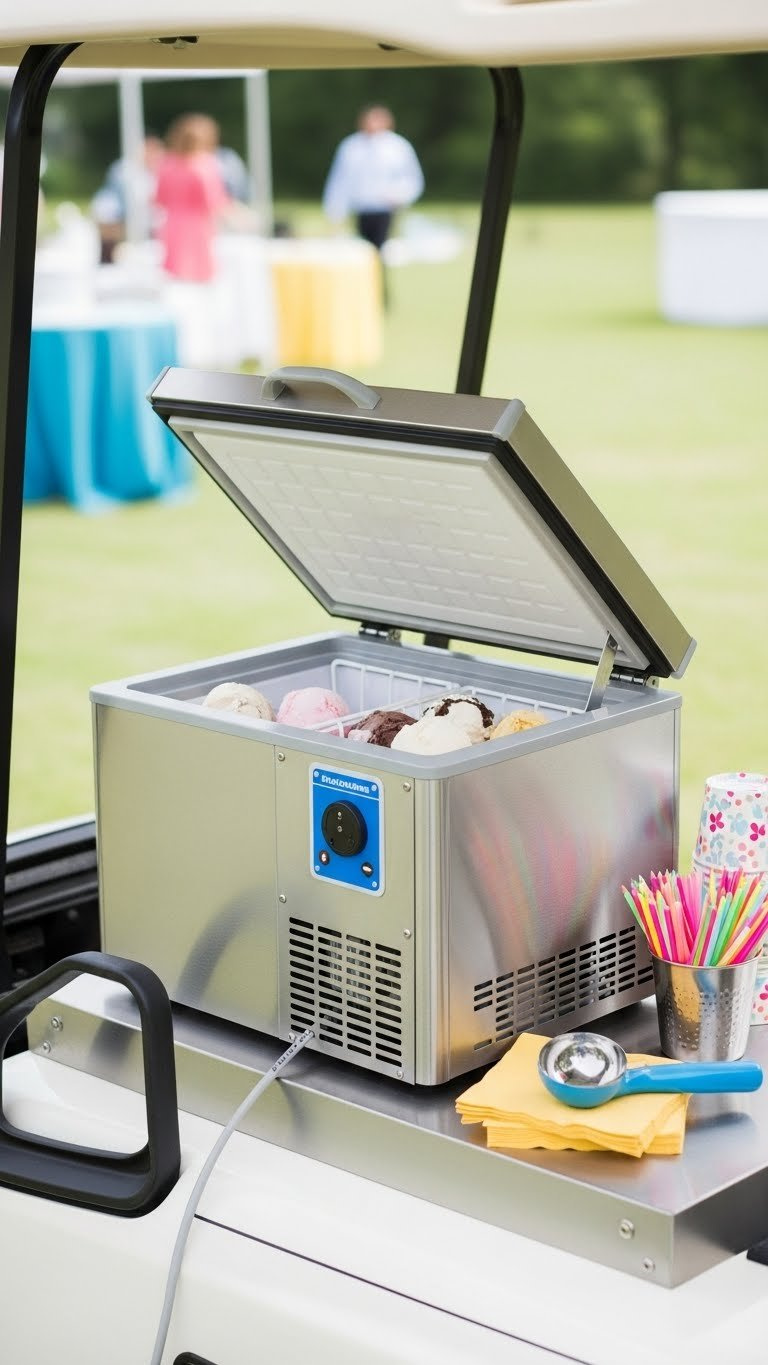 Compact Mobile Freezer Unit Integrated Into Golf Cart Back With Stainless Steel Lid Ajar Revealing Colorful Ice Cream Tubs.