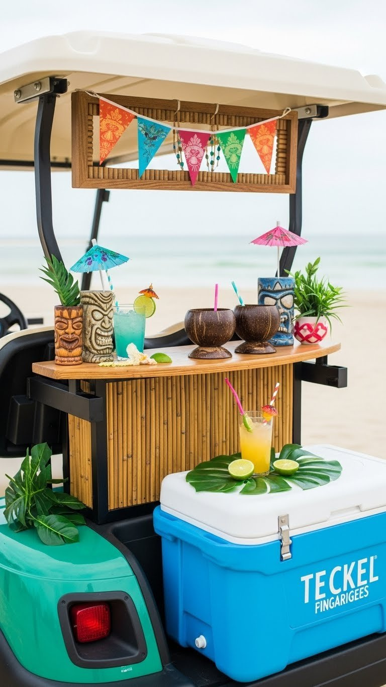 Compact Mobile Tiki Bar Setup On A Golf Cart Featuring Coconut Cups And Tropical Cocktail Accessories