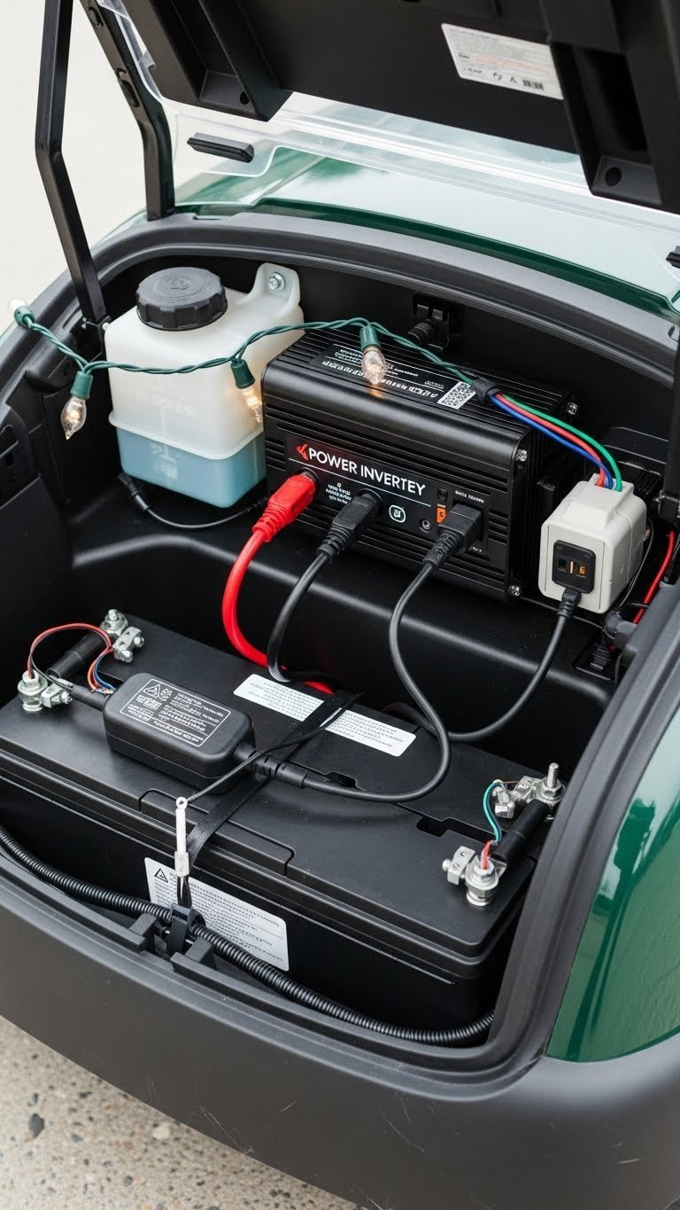 Compact Power Inverter System Installed In Golf Cart With Heavy-Duty Cables And Tidy Wire Management