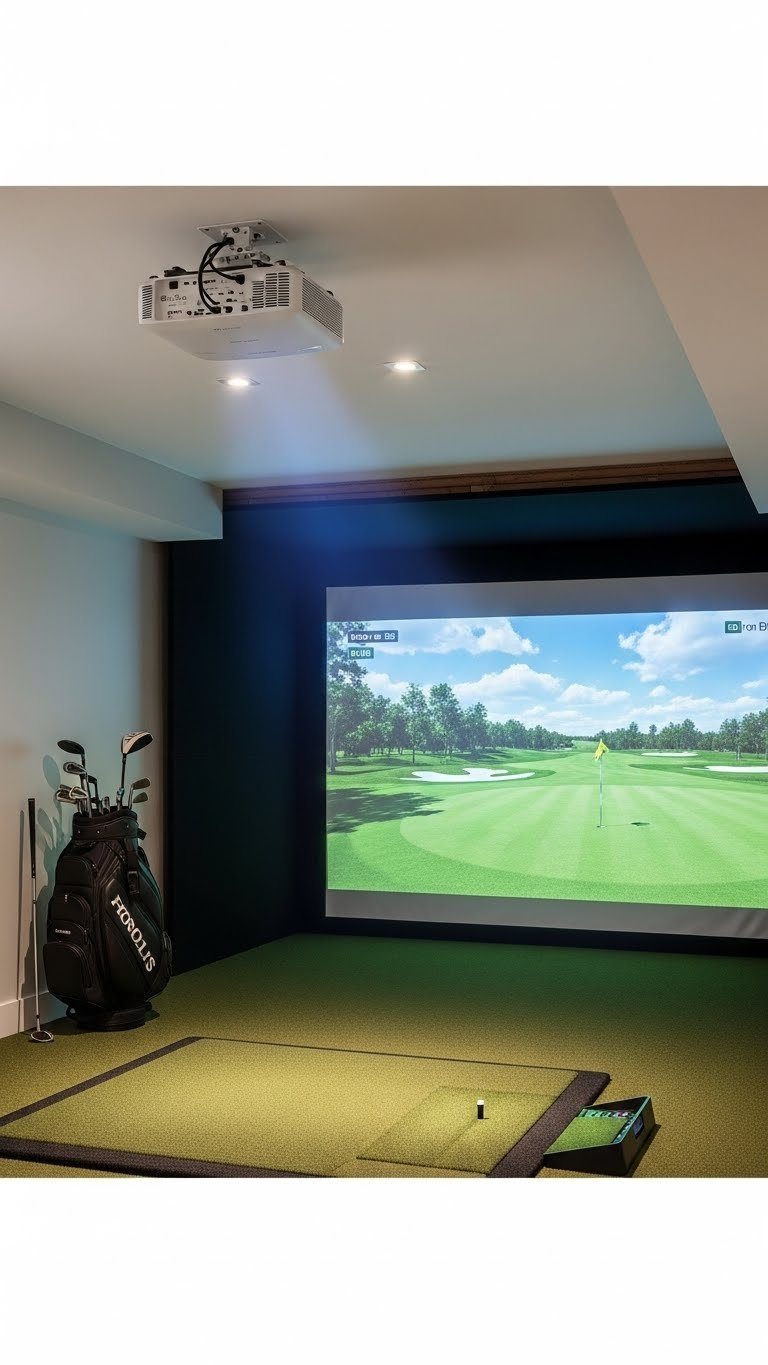 Compact Short Throw Projector Mounted On Ceiling Casting Bright Golf Course Image Onto Impact Screen In Basement Simulator