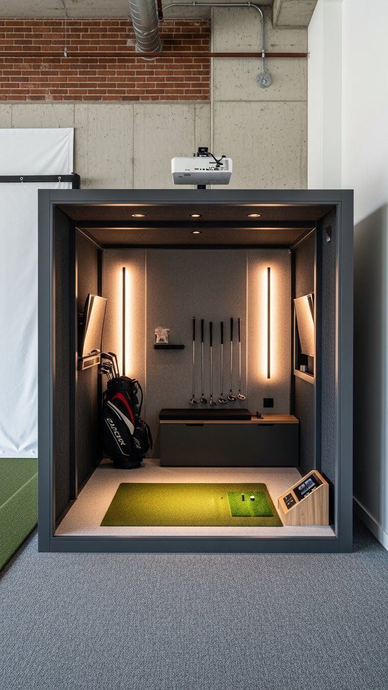 7 Expert Commercial Golf Simulator Room Designs Compact Urban Golf Simulator Bay With Smart Space-Saving Design, Bright Impact Screen, Modern Finishes, And Integrated Storage.