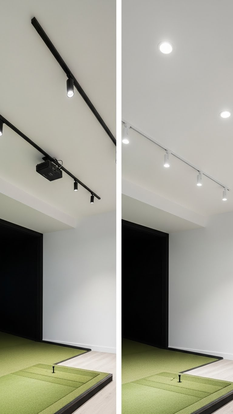 Golf Simulator Room Lighting Complete Guide For Perfect Setup Comparative Diptych Showing Track Lighting Versus Recessed Gimbal Lights For Golf Simulator Ceilings