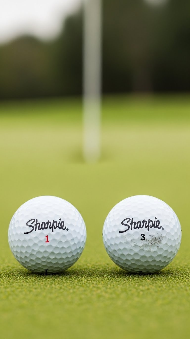 Comparison Of Golf Balls Showing Vibrant Sharpie Mark Versus Faded Ink On Putting Green Surface Highlighting Ink Durability