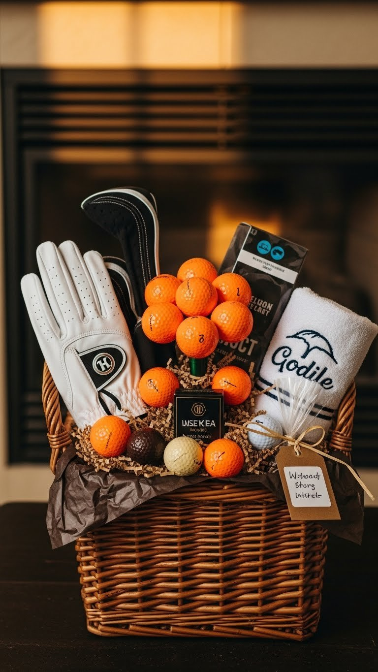 Complete Golf Gift Basket With Orange Golf Ball Bouquet, New Glove, Personalized Towel, And Chocolate Golf Balls.