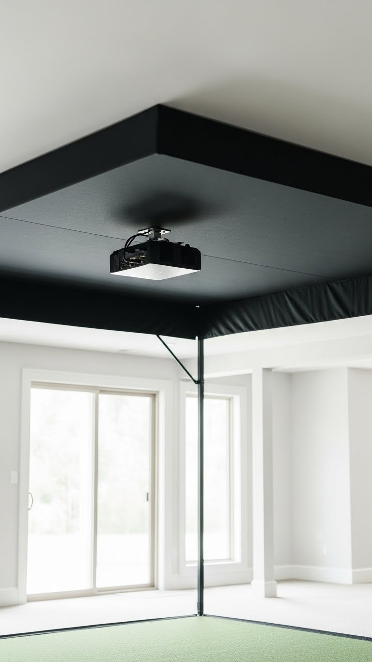 Complete Golf Simulator Enclosure Corner Showing Seamless Black Fabric Panels With Metal Frame In Spacious Room