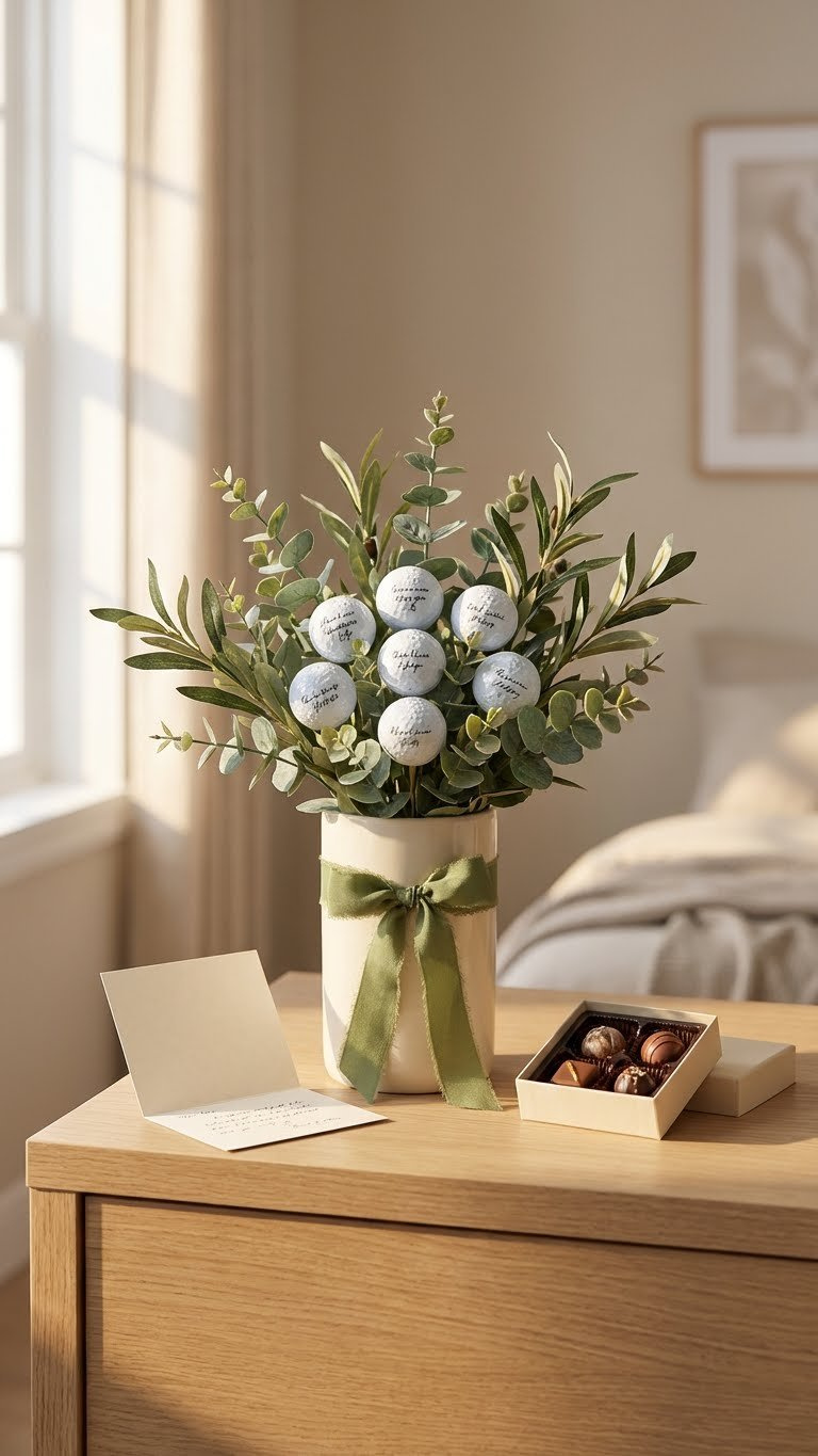 Completed Golf Ball Bouquet With Greenery And Personalized Balls, Elegant Handwritten Card, And Gift Box On A Dresser.