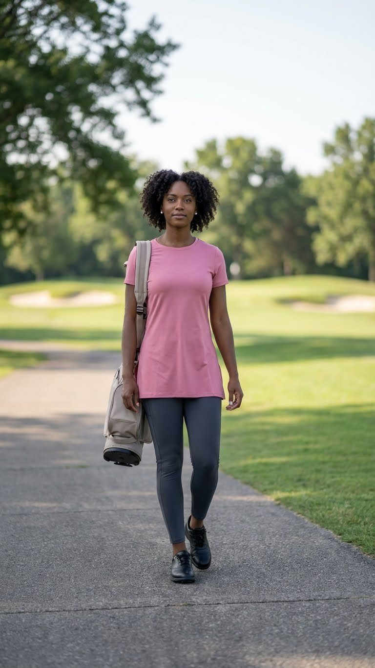 Confident Black Woman In Charcoal Performance Golf Leggings And A Rose Pink Tunic Top Strolls A Golf Course Path.