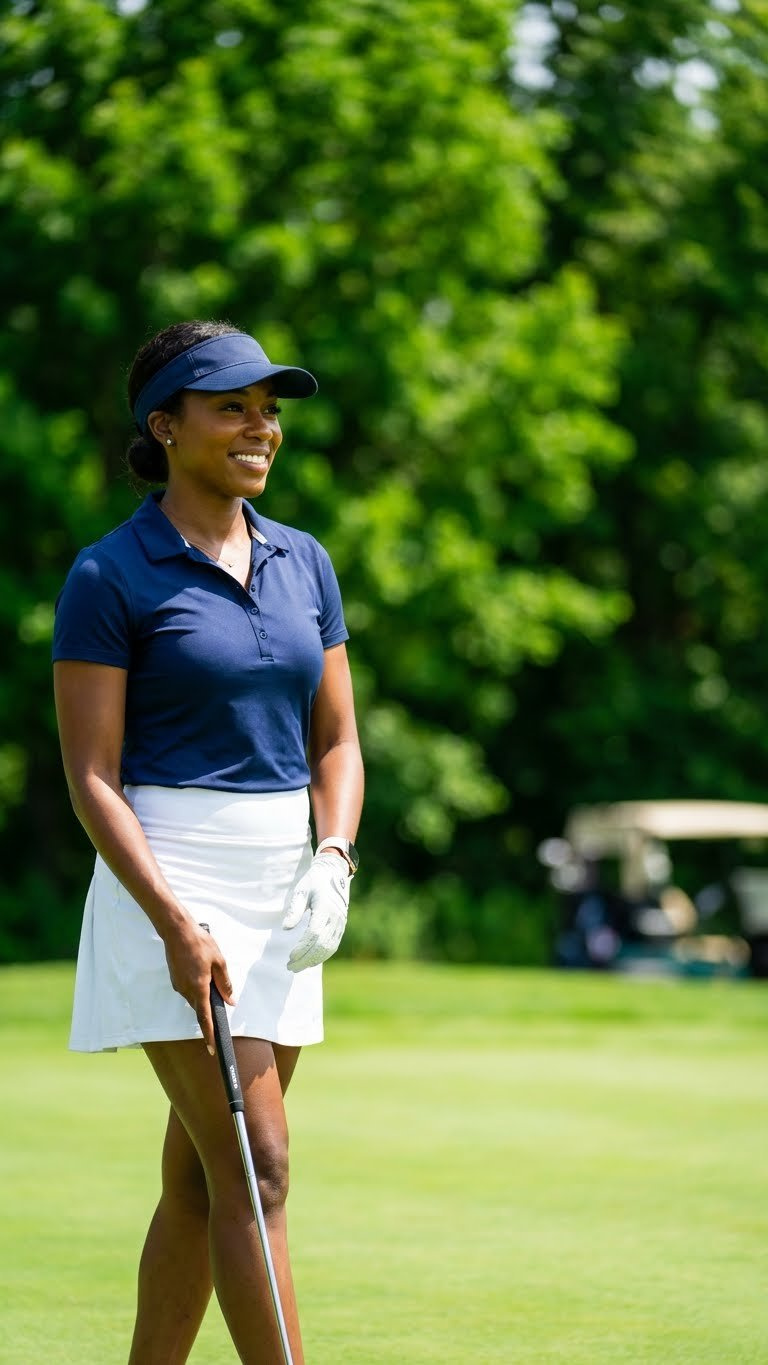 Confident Black Woman In Elegant Navy And White Golf Fashion, A Figure-Flattering Skort And Performance Polo, Poses On A Manicured Green.