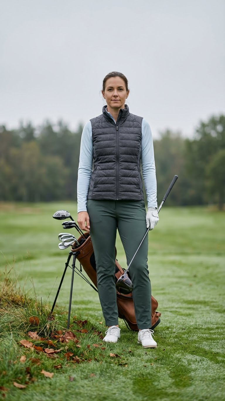 Confident Female Golfer In A Charcoal Layered Golf Outfit With Stretch Pants And A Vest, Standing On A Dewy Green.