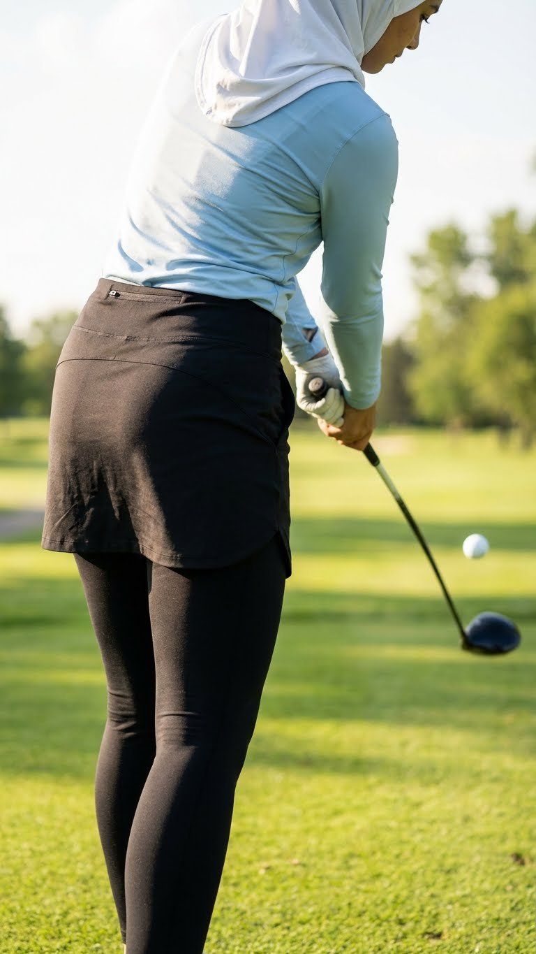 Confident Hijabi Golfer Hitting Ball, Wearing Black Golf Skort Over Compression Leggings For Modesty And Mobility On Tee.