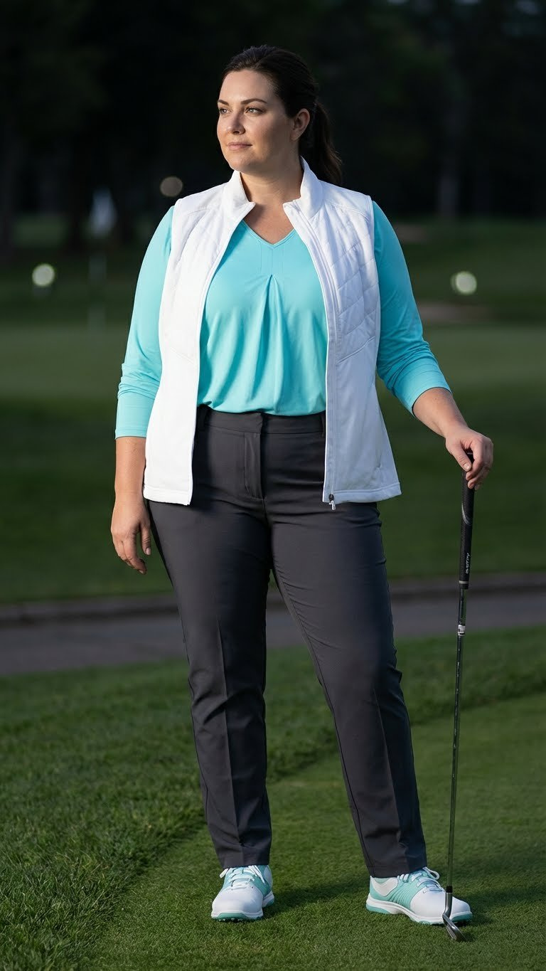Confident Plus-Size Golfer In Bright Aqua Top, Tailored Pants, Vest, Posing With Club On Twilight Course.