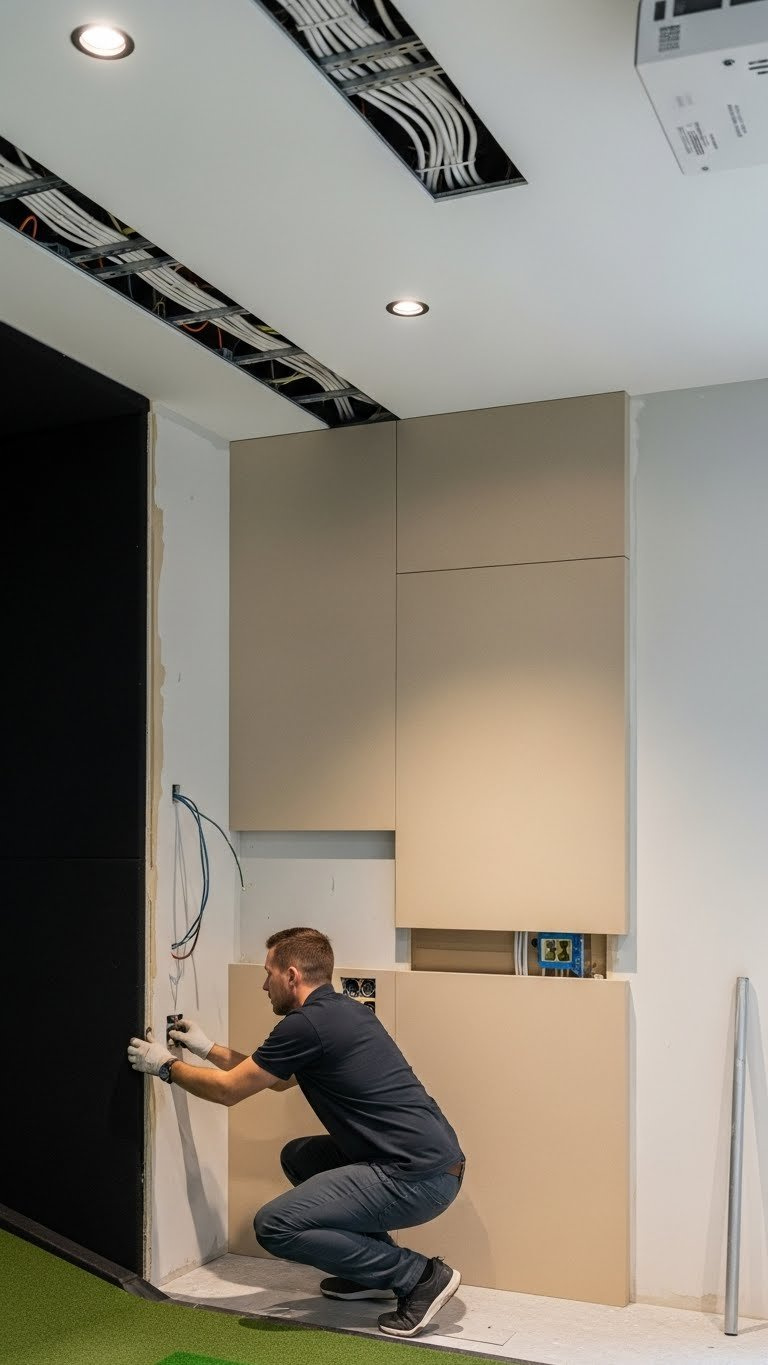 Construction View Of Golf Simulator Room Showing Soundproofing Panels Being Installed With Visible Electrical Conduits And Recessed Lighting