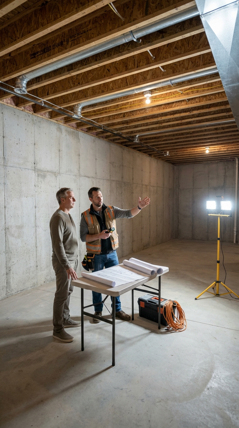 Speak Easy Golf Simulator Room Design Guide For Luxury Homes Contractor Measuring Unfinished Basement Space For Golf Simulator Installation With Laser Measure And Blueprints