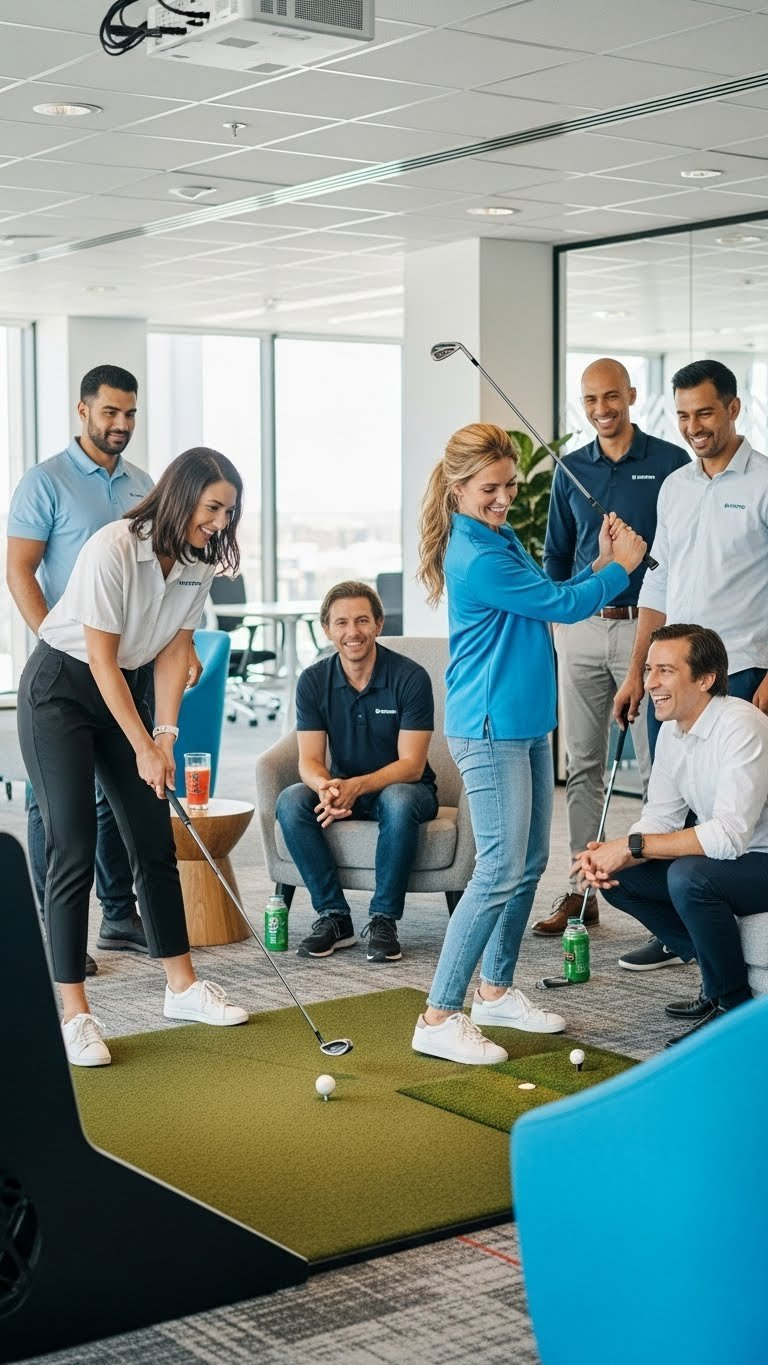 Corporate Team Building Around High-End Golf Simulator With Diverse Employees Interacting In Vibrant Office Setting.