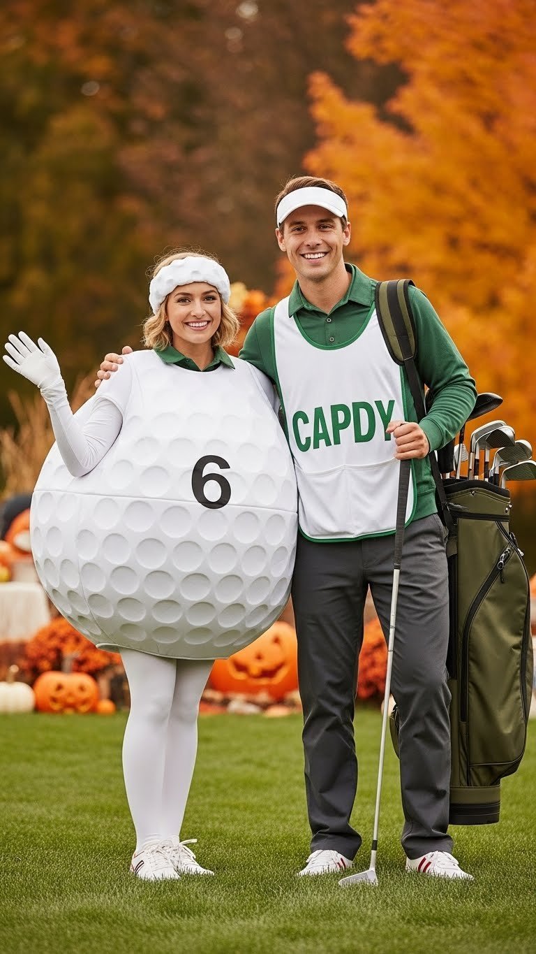 Couple Dressed As Golf Ball And Caddy Posing Together At Autumn-Themed Outdoor Party With Fall Foliage