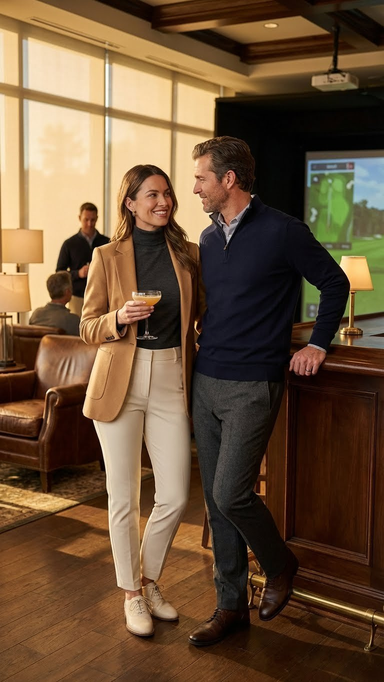 Couple In Smart-Casual Golf Attire Near A Simulator Bar, Man In Sweater, Woman In Tailored Trousers &Amp; Blazer.