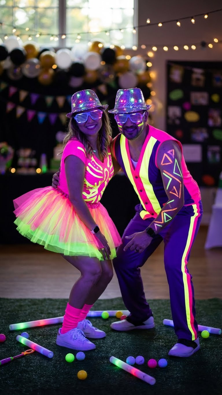 Couple In Vibrant Glow-In-The-Dark Outfits, Neon Tutus, Led Accessories, With Glowing Balls At A Golf Party.