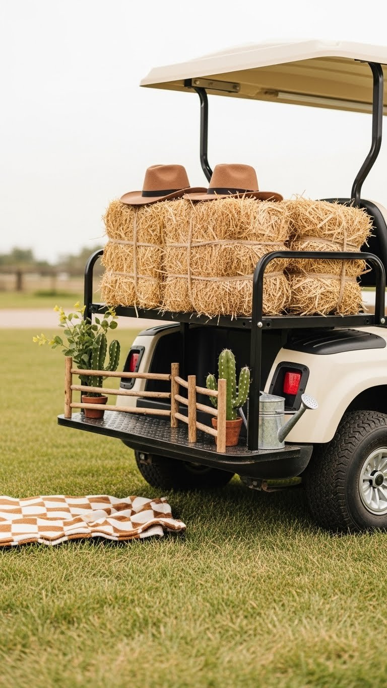 Cowboy Golf Cart Adorned With Miniature Hay Bales And Rustic Wooden Fencing In Grassy Outdoor Scene