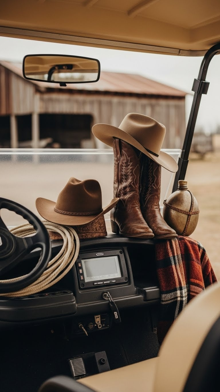 Cowboy Golf Cart Dashboard Featuring Classic Felt Hats And Worn Leather Boots With Soft Natural Lighting