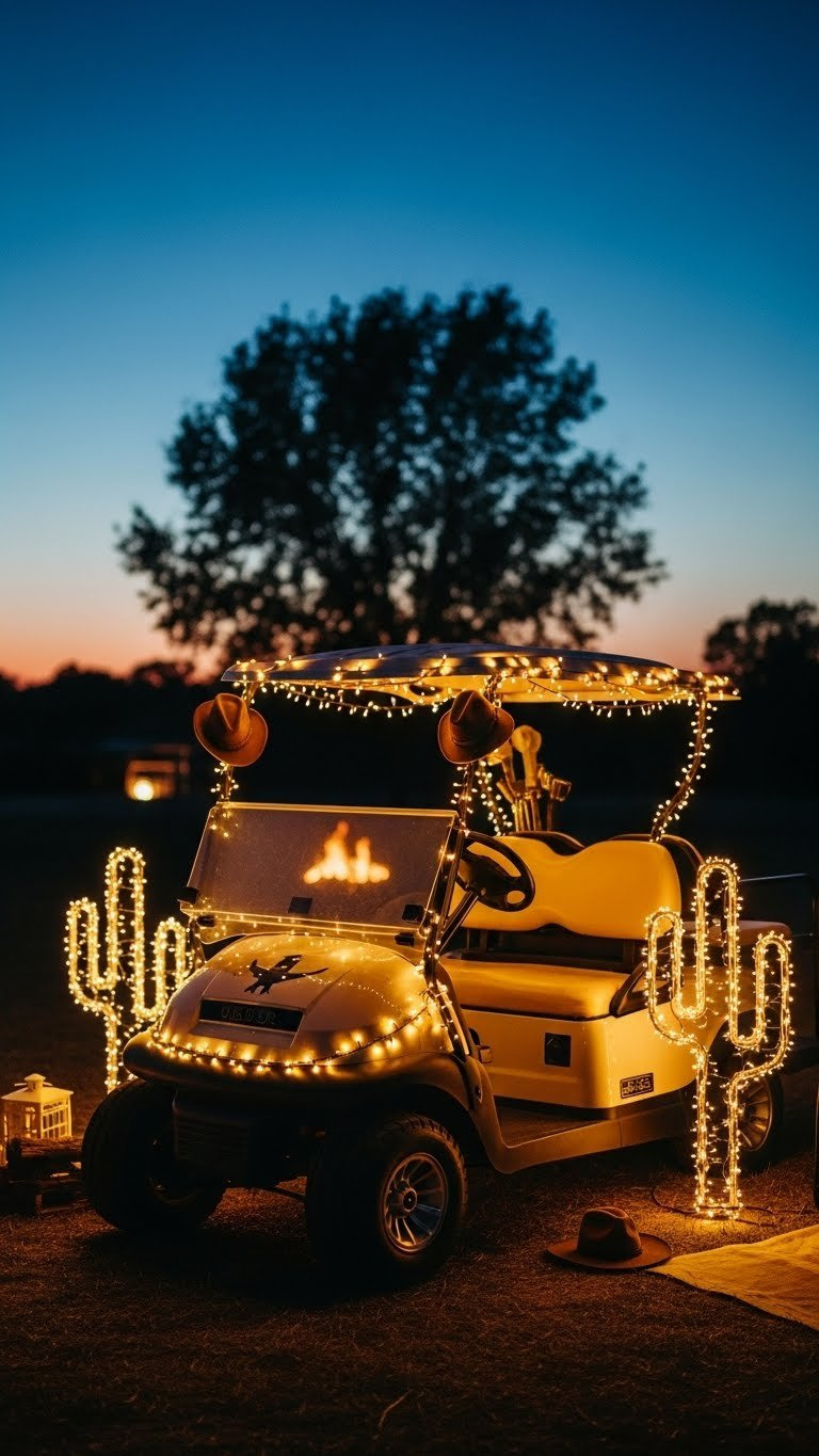 Cowboy Golf Cart Illuminated With Warm Led String Lights At Dusk Creating Magical Western Ambiance