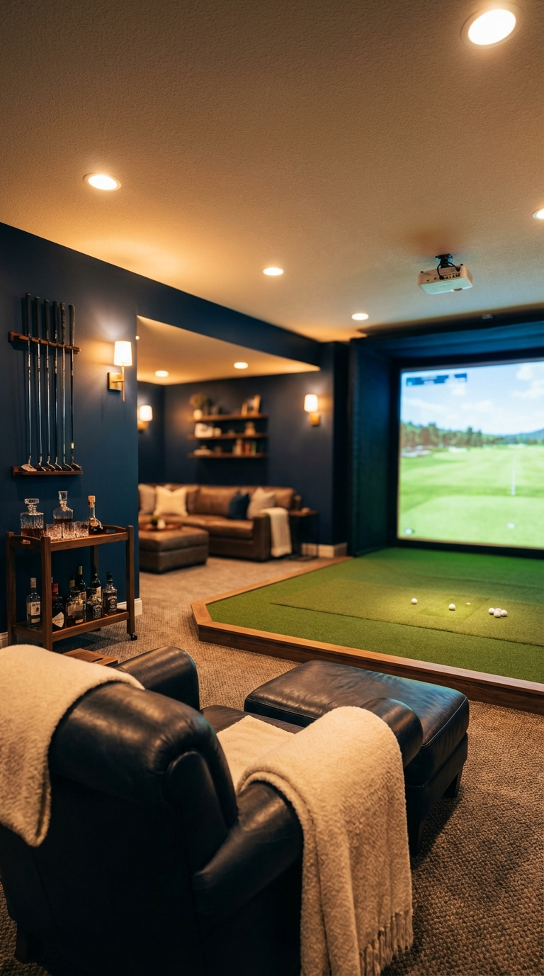 Golf Simulator Room Layout Guide For Perfect Space Planning Cozy Basement Golf Simulator And Entertainment Den With Dark Moody Walls, Leather Seating, And Warm Lighting