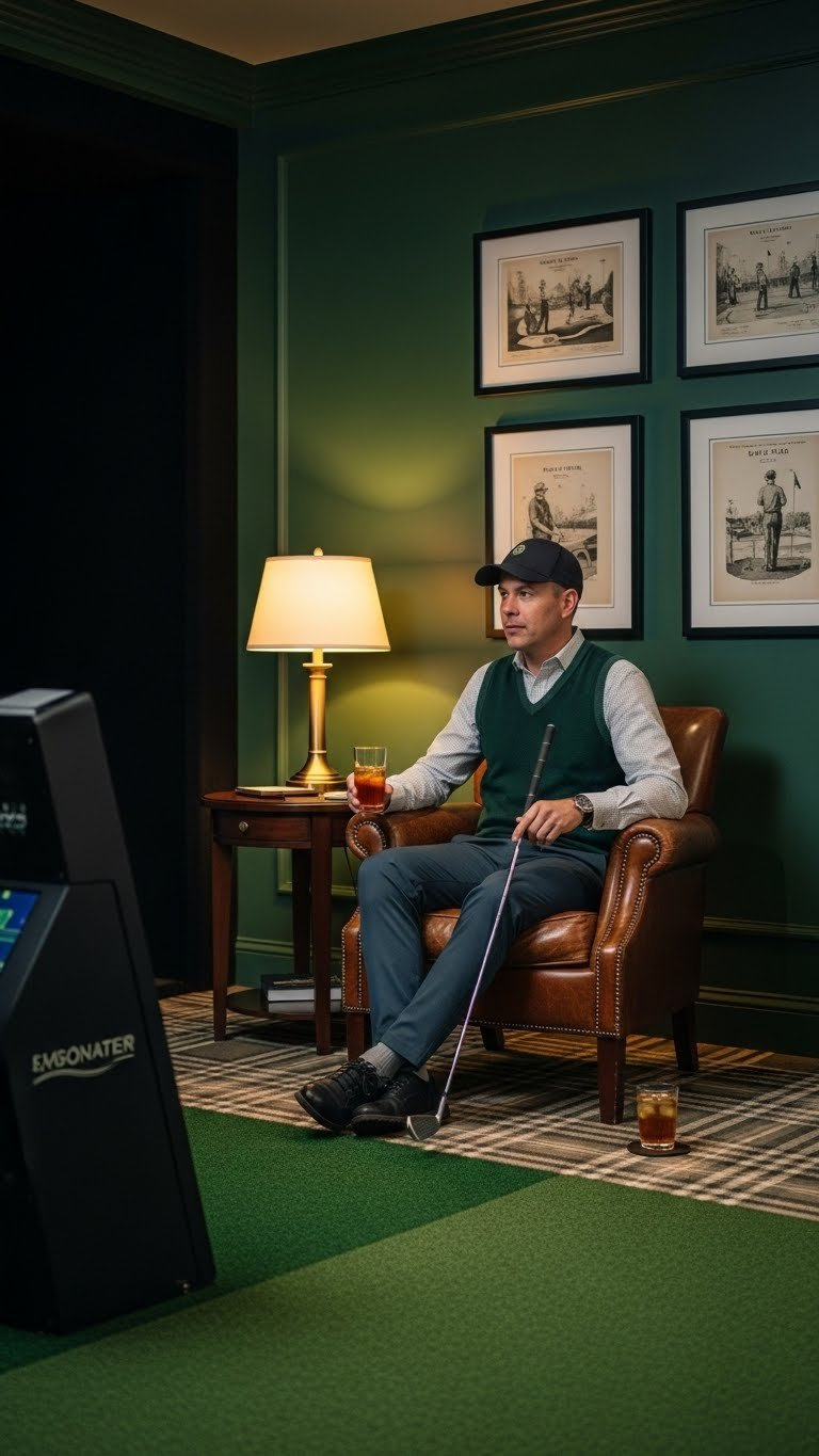 Cozy Clubhouse-Style Golf Simulator Room With Forest Green Walls, Leather Armchair, Vintage Golf Art, And Iced Tea On Side Table