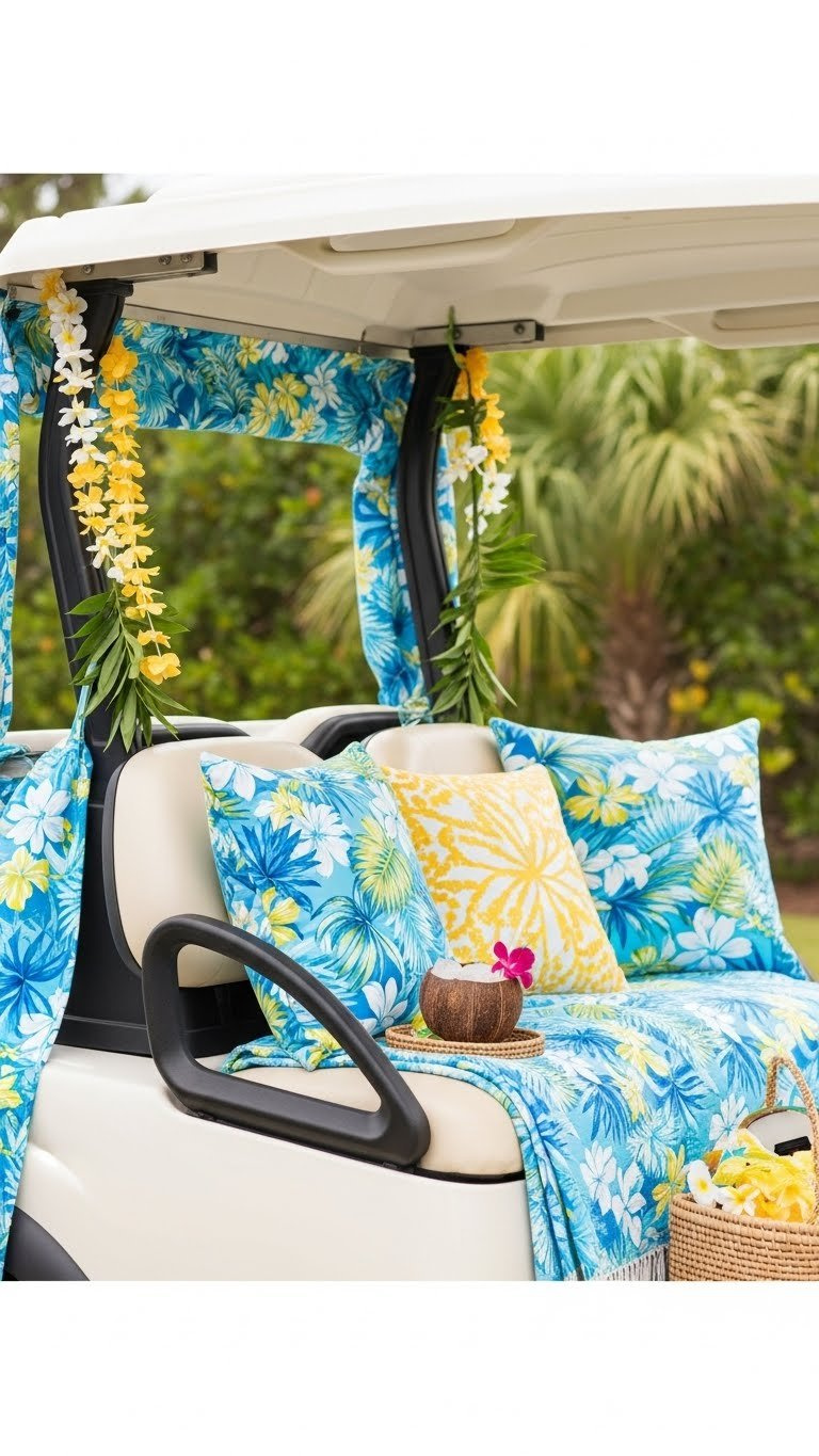 Cozy Golf Cart Seating Area With Hawaiian Print Fabric And Tropical Throw Pillows Creating Island Oasis