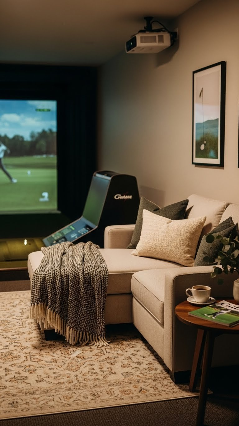 Cozy Golf Simulator Lounge With Plush Sectional Sofa And Throw Blanket Positioned Beside The Hitting Area.