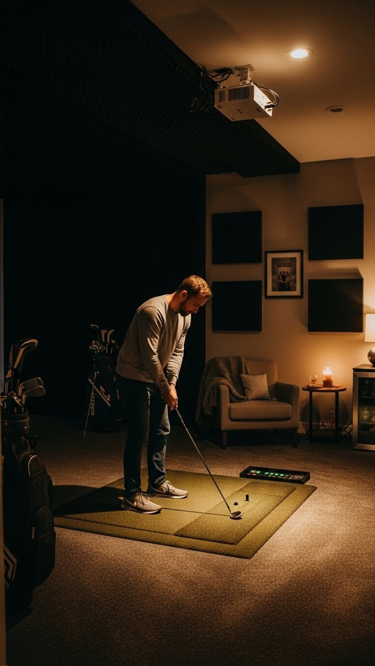Cozy, High-Tech Golf Simulator Room Featuring Acoustic Panels, Warm Lighting, A Clean Hitting Mat, And Elegant Golf Decor.