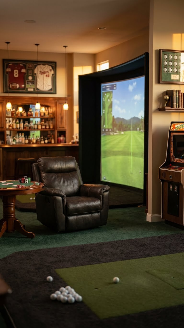 Cozy Man Cave Golf Simulator Retreat With An Immersive Screen, Stocked Bar, Sports Memorabilia, And Comfortable Lounge For Ultimate Home Entertainment.
