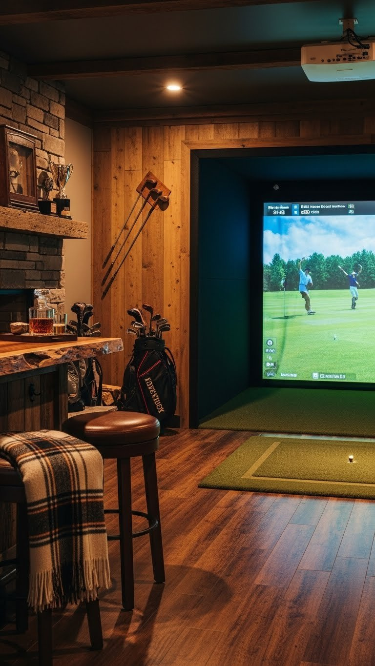 Cozy Rustic Golf Simulator Bar With Wood-Paneled Walls, Vintage Memorabilia, And Leather Stools In Traditional Basement Setting