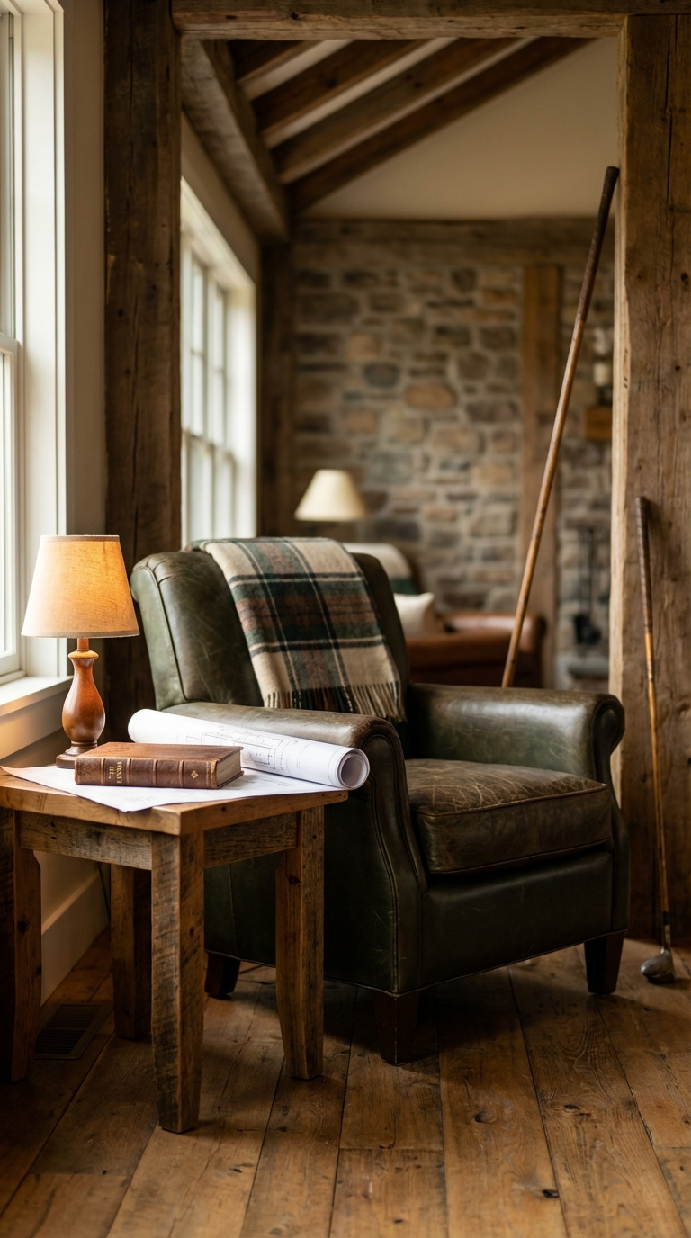 Rustic Golf Simulator Room: Expert Planning &Amp; Design Cozy Rustic Golf Simulator Room Corner With Leather Armchair And Reclaimed Wood Side Table Featuring Golf Club Leaning Against Stone Accent Wall