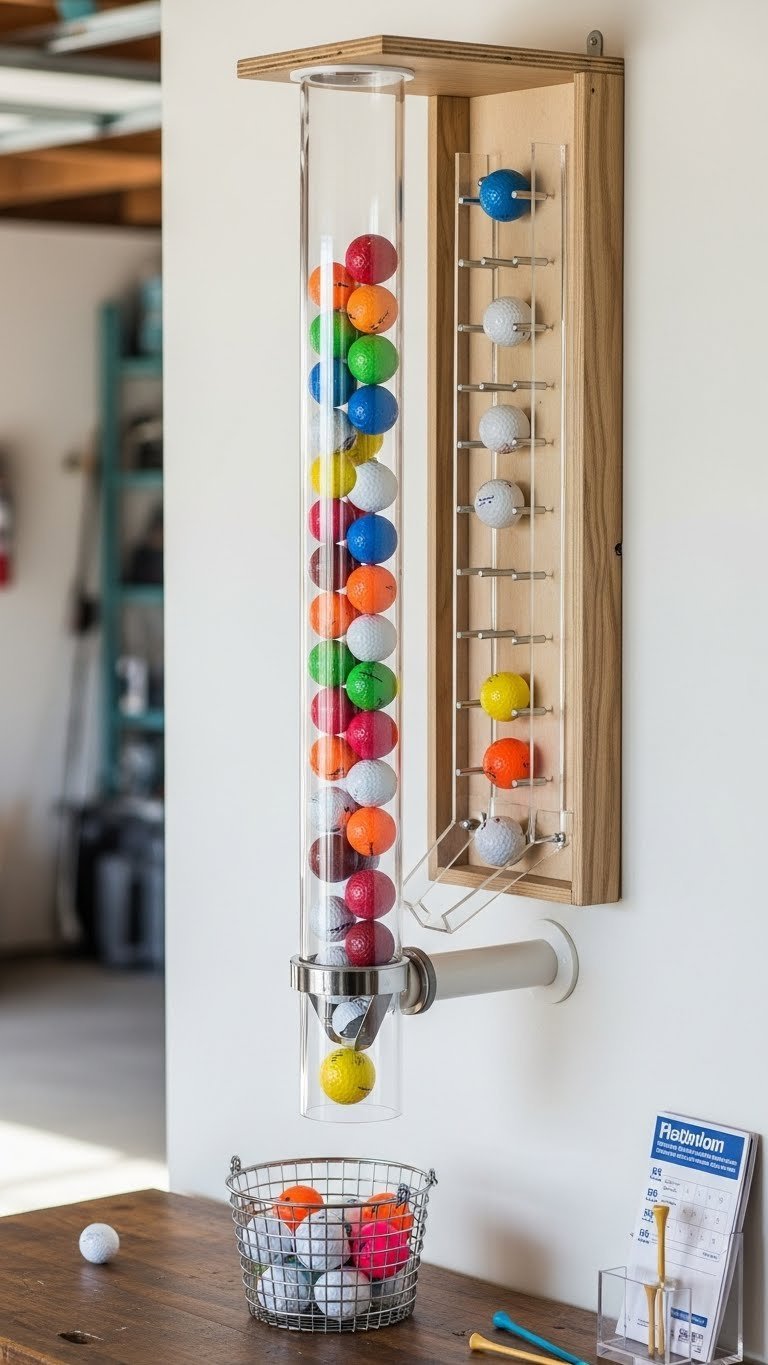 Golf Ball Storage Ideas: Top 9 Ways To Organize &Amp; Protect Creative Diy Golf Ball Dispenser With Clear Acrylic Pipe And Gravity-Fed Mechanism Mounted On Wall